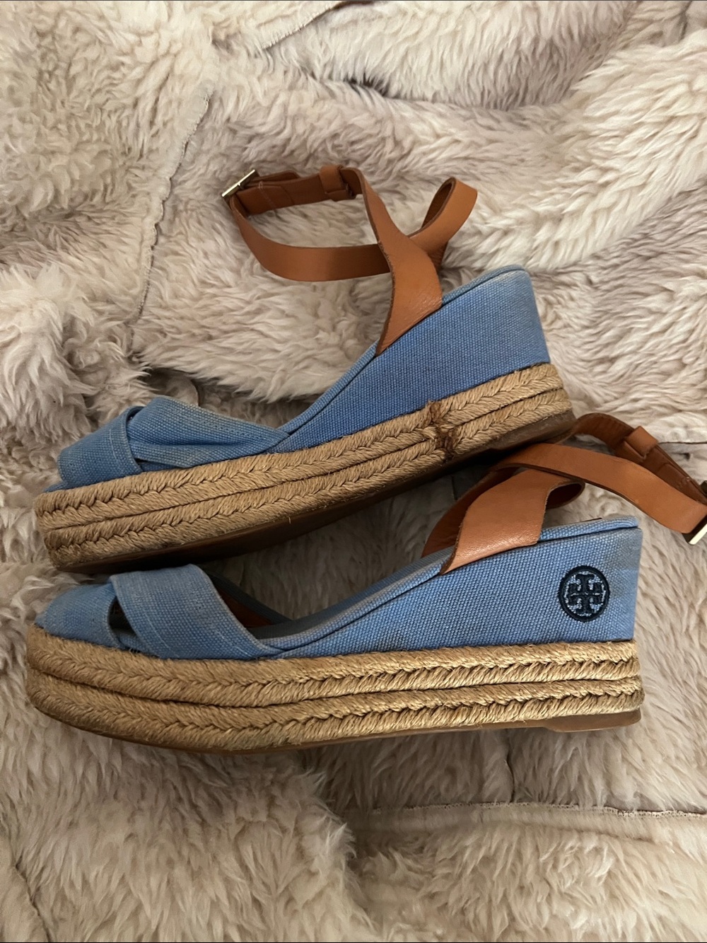 Tory Burch Blue Fabric Espadrille Wedge Sandals with Tan Straps - Picture 2 of 9